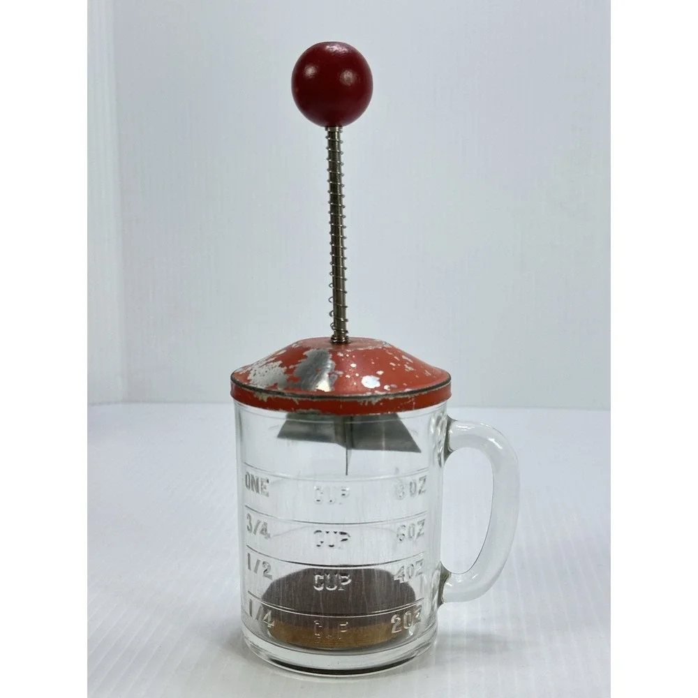 Hazel Atlas Nut Chopper One Cup Glass Measure Red‎ Metal Lid Wood Handle Insert